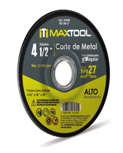 [A307805] Disco corte de metal 4 1/2" x 3mm, TIPO 27 Maxtool
