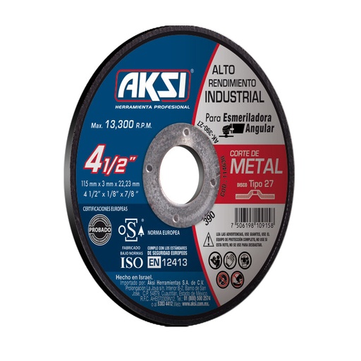 [A114630] Disco corte de metal 4 1/2" x 3mm, tipo 27- Alto Rendimiento