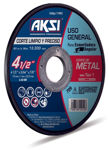 [A114653] Disco corte de metal 4 1/2"" x 1.6mm, tipo 1 - Uso General