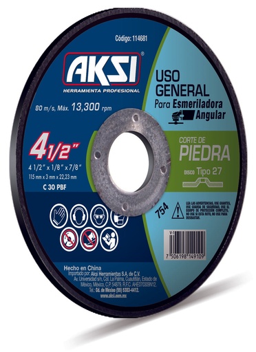 [A114681] Disco corte de piedra 4 1/2"" x 3mm, tipo 27 - Uso General