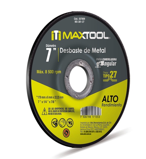 [A307808] Disco corte y desbaste de metal de 7" x 4mm, TIPO 27 Maxtool