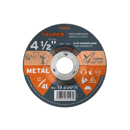 [T10664] Disco de 4-1/2' para corte de metal, tipo 41, Truper - Pag 187