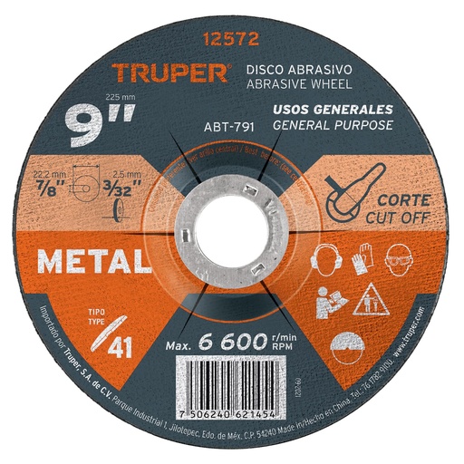 [T12572] Disco de 9' para corte de metal, tipo 41, Truper - Pag 187