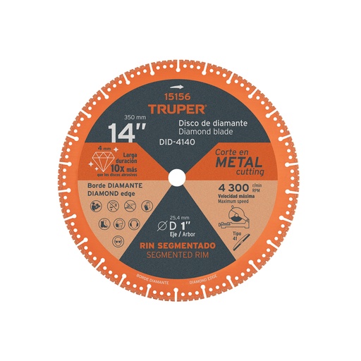 [T15156] Disco de diamante de 14' x 2.6 mm para corte metal, Truper - Pag 188