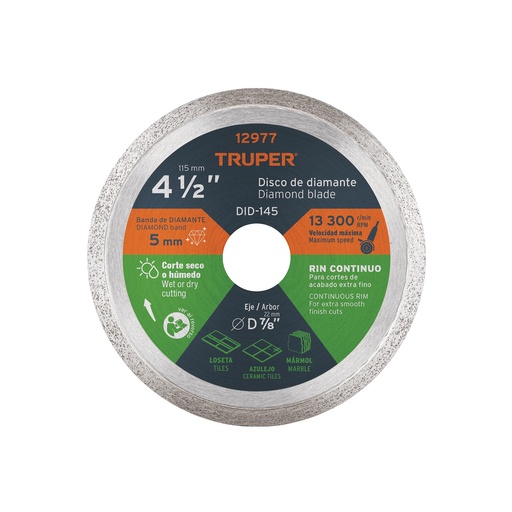 [T12977] Disco de diamante de 4-1/2' x 1.6 mm rin continuo, Truper - Pag 184