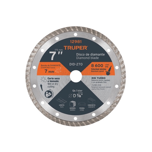 [T12981] Disco de diamante de 7' x 2.8 mm rin turbo, Truper - Pag 184