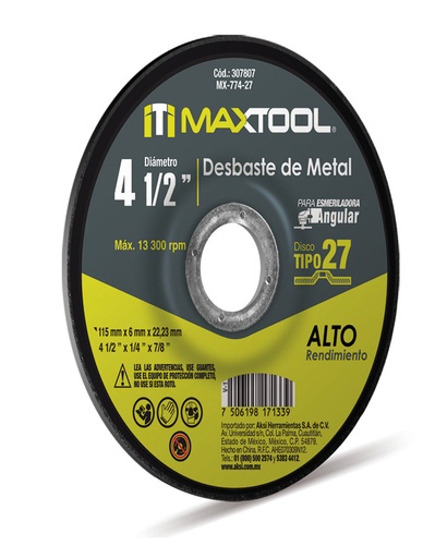 [A307807] Disco desbaste de metal 4 1/2" x 6mm, TIPO 27 Maxtool