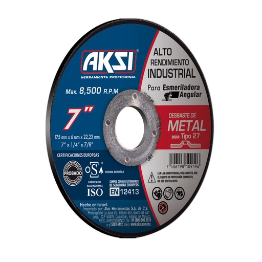 [A114634] Disco desbaste de metal 7" x 6mm, tipo 27- Alto Rendimiento