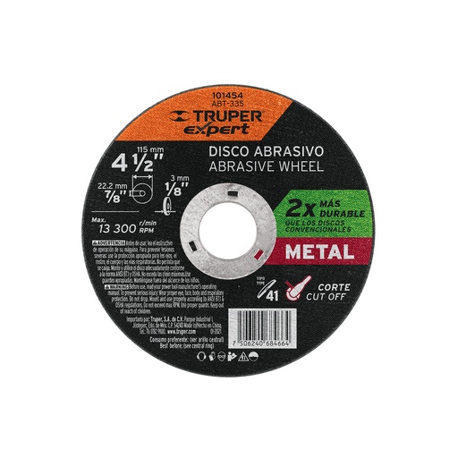[T101454] Disco para corte de metal 4-1/2' tipo 41, Truper Expert - Pag 187