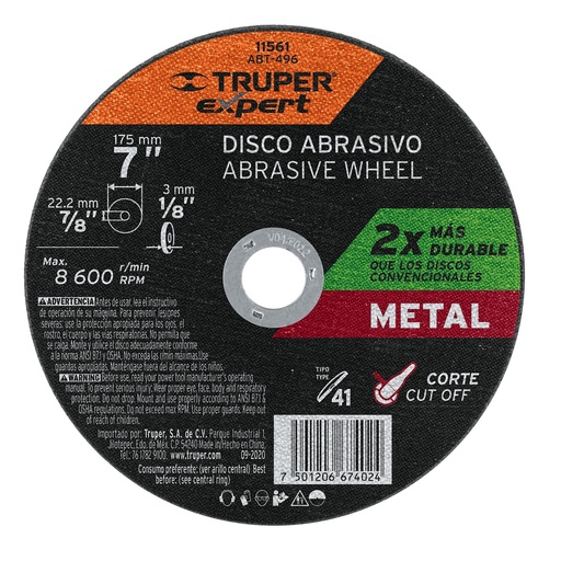 [T11561] Disco para corte de metal, tipo 41, diámetro 7' Expert - Pag 187