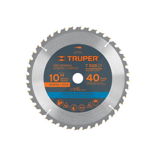 [T18307] Disco sierra 10' para madera, 40 dientes centro 1', Truper - Pag 183