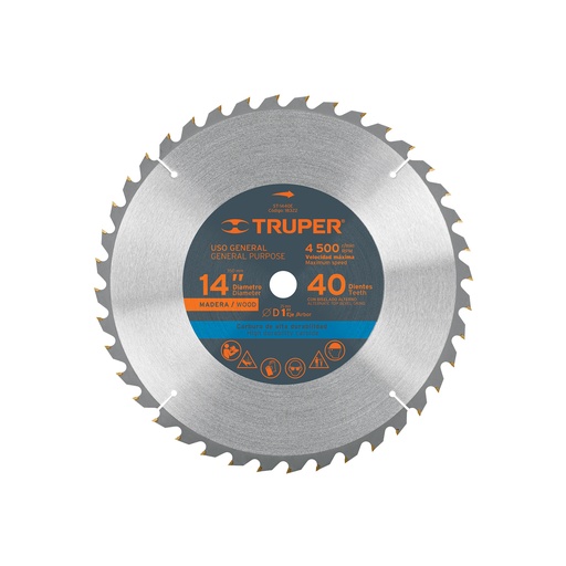 [T18322] Disco sierra 14' para madera, 40 dientes centro 1', Truper - Pag 183