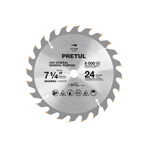 [T27055] Disco sierra 7-1/4' p/madera, 24 dientes centro 5/8', Pretul - Pag 183