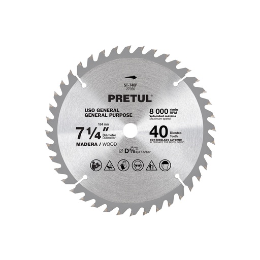 [T27056] Disco sierra 7-1/4' p/madera, 40 dientes centro 5/8', Pretul - Pag 183