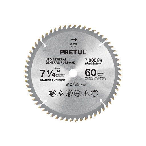 [T27059] Disco sierra 7-1/4' p/madera, 60 dientes centro 5/8', Pretul - Pag 183