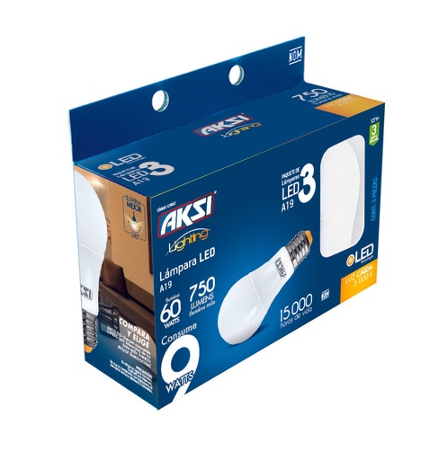 [A123002] Foco LED 3PACK-A19 9W luz calida, caja color