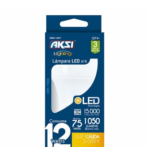 [A120077] Foco LED A19 12W luz calida, caja color