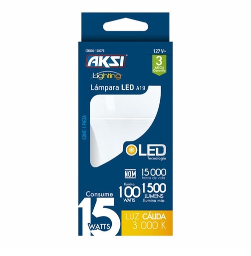 [A120079] Foco LED A19 15W luz calida, caja color