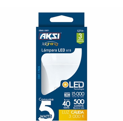 [A120071] Foco LED A19 5W luz calida, caja color