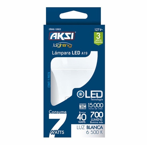 [A120023] Foco LED A19 7W luz blanca, caja color