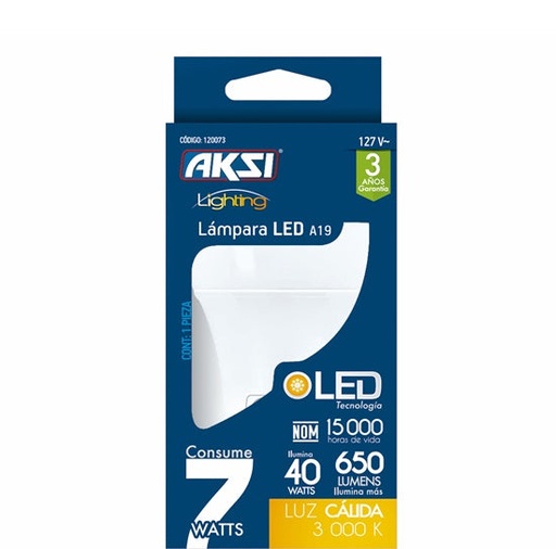 [A120073] Foco LED A19 7W luz calida, caja color