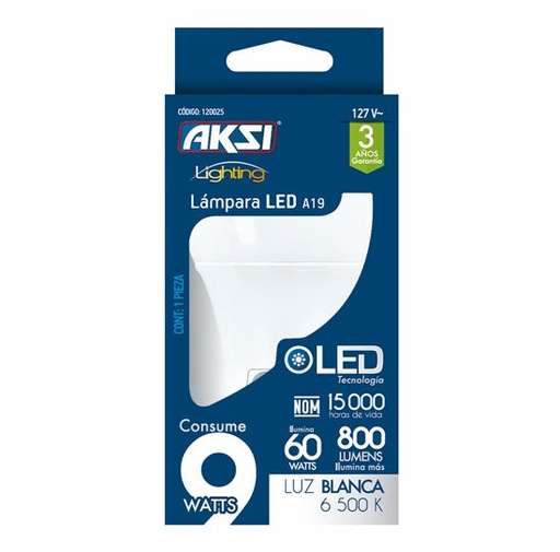[A120025] Foco LED A19 9W luz blanca, caja color
