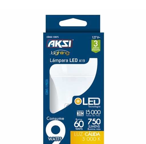 [A120075] Foco LED A19 9W luz calida, caja color