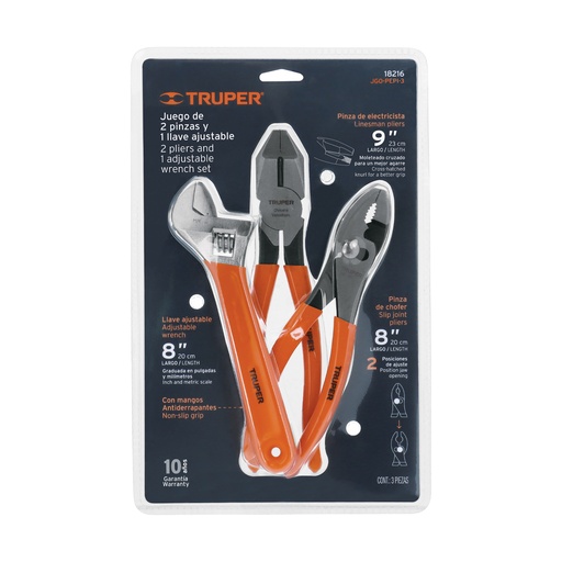 [T18216] Juego con 2 pinzas y 1 llave ajustable mango de PVC, Truper - Pag 406