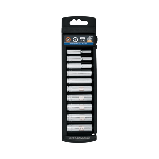 [T14168] Juego de 10 dados largos cuadro 1/4' mm, Truper - Pag 150