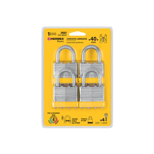 [T20507] Juego de 4 candados cuerpo laminado, 40 mm, Hermex Basic - Pag 776, 798