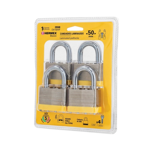 [T20508] Juego de 4 candados cuerpo laminado, 50 mm, Hermex Basic - Pag 776, 798