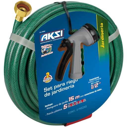 [A102932] Kit manguera de jardin 15 mts con pistola de riego de 5 funciones
