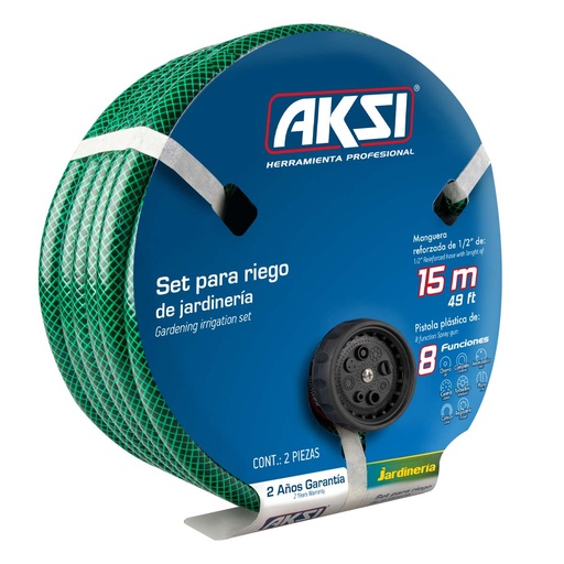 [A102933] Kit manguera de jardin 15 mts con pistola de riego de 8 funciones