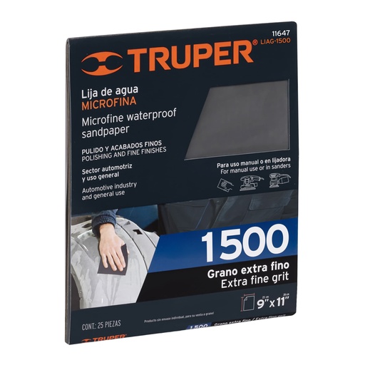 [T11647] Lija de agua grano 1500 microfina carburo de silicio, Truper - Pag 251