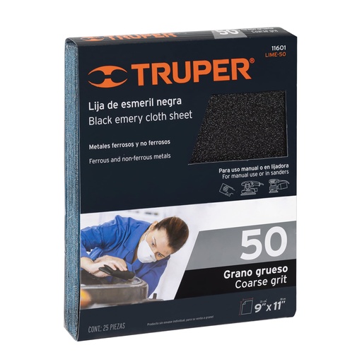 [T11601] Lija de esmeril negra grano 50 de óxido de aluminio, Truper - Pag 251