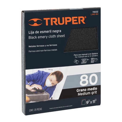 [T11602] Lija de esmeril negra grano 80 de óxido de aluminio, Truper - Pag 251