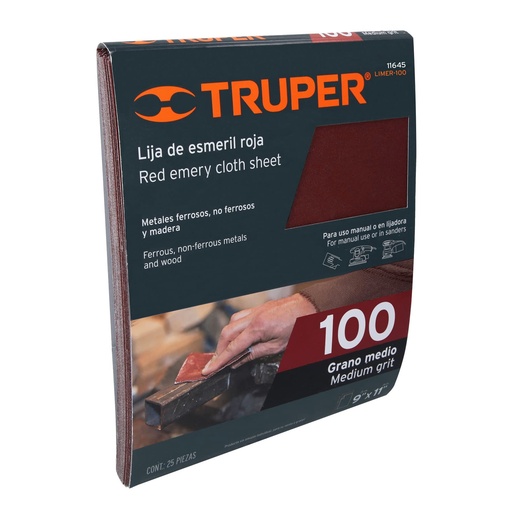 [T11645] Lija de esmeril roja grano 100 de óxido de aluminio, Truper - Pag 251