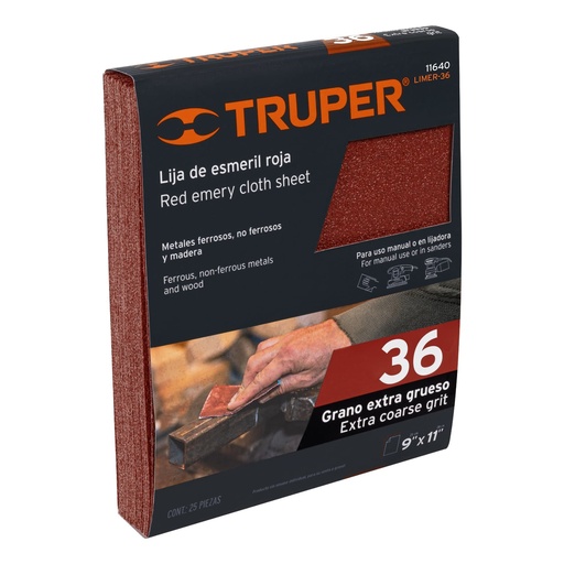 [T11640] Lija de esmeril roja grano 36 de óxido de aluminio, Truper - Pag 251