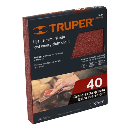 [T11644] Lija de esmeril roja grano 40 de óxido de aluminio, Truper - Pag 251