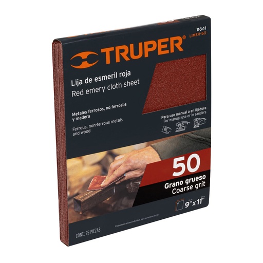 [T11641] Lija de esmeril roja grano 50 de óxido de aluminio, Truper - Pag 251