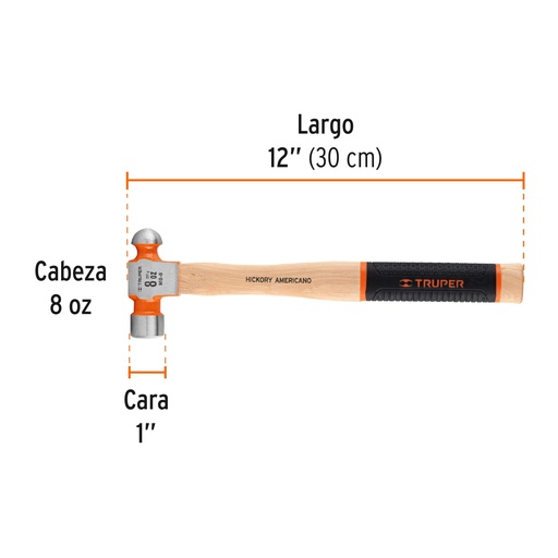 [T16901] Martillo pulido de bola 12 oz mango hickory, Truper Grip - Pag 366
