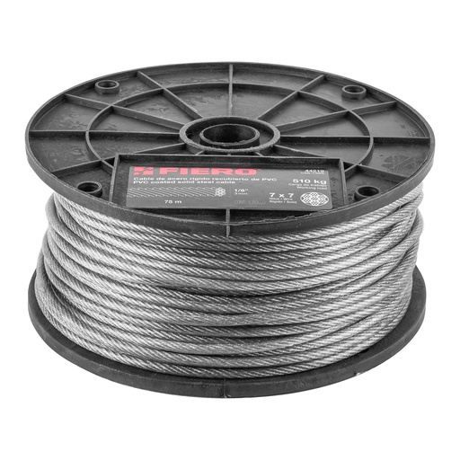 [T44219] Metro de cable rígido 1/8' acero 7x7 recubierto PVC, 75 m - Pag 736